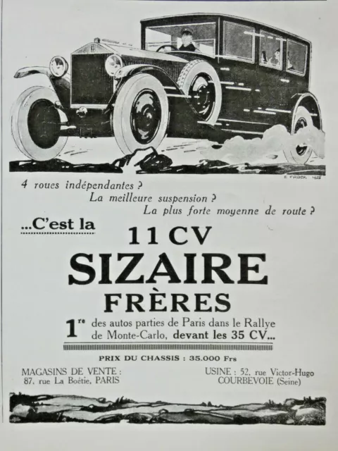 1925 LA 11 CV SIZAIRE BROTHERS 1st PRESS ADVERTISEMENT AT RALLYE DE MONTE-CARLO