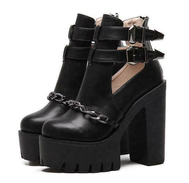 Womens Gothic Punk Platform Nightclub Chain Boots Chunky Heels Shoes