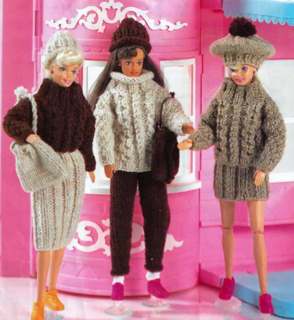KNITTING PATTERN Teenage Dolls Barbie Sindy Outfit Jumper Skirt Coat Bag DK 11"