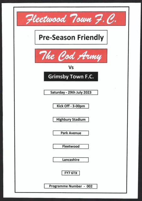 FLEETWOOD TOWN v GRIMSBY TOWN 29.07.23 PRE-SEASON FRIENDLY PROGRAMME