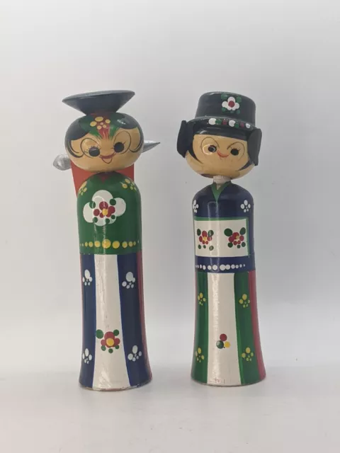 Vtg Korean Hand Painted Wooden Nodder Bobble Head Kokeshi Dolls Bride Groom 6.5"