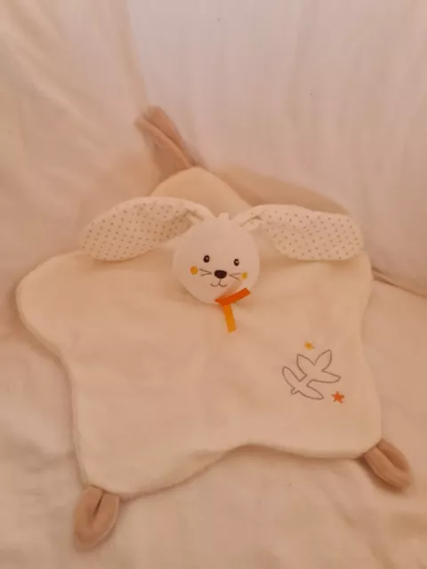 Doudou plat étoile lapin blanc beige pois SUCRE D'ORGE attache tétine état neuf