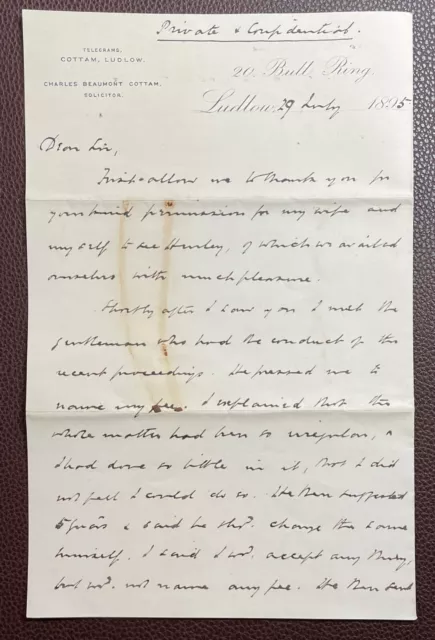1895 Charles Beaumont Cottam, Solicitor, 20 Bull Ring, Ludlow Letter