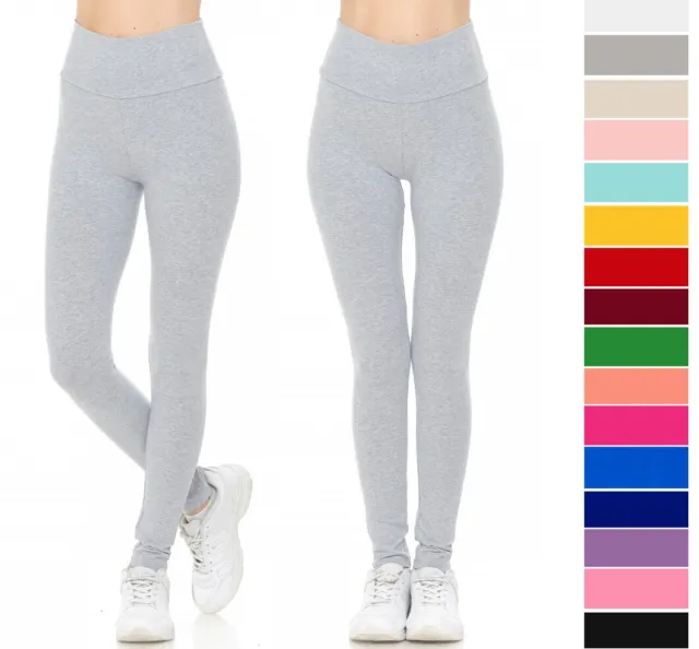 Women's Solid High Waist Yoga Pants Cotton Stretch Knit Leggings Gym Fitness