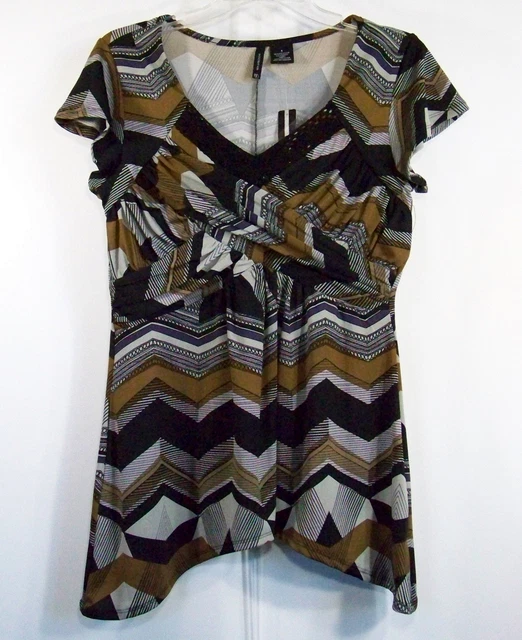 NWT New Directions Sz S Black Print Poly Spandex Empire Waist Cross Bust Top