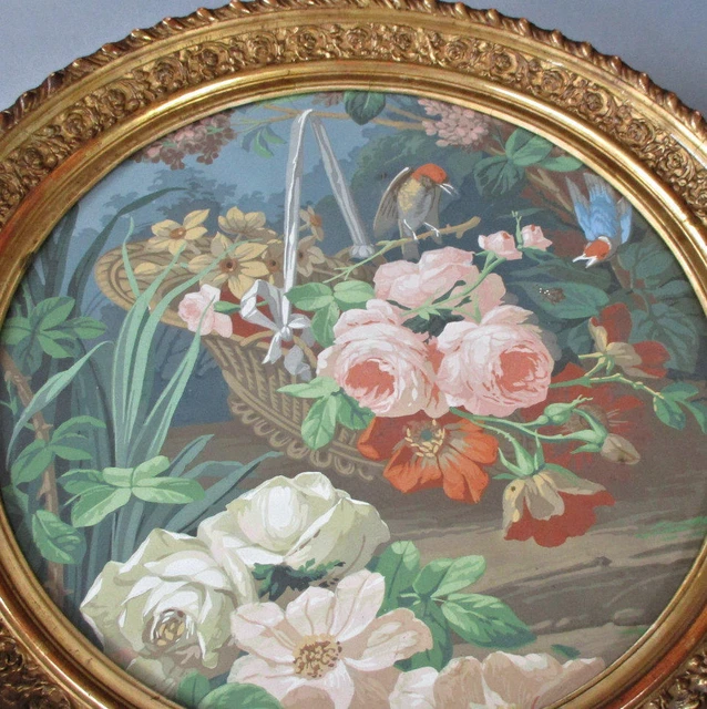Antique c1850 ROUND Ornate 22" GILT Wood + Plaster Frame w Painting BASKET ROSES