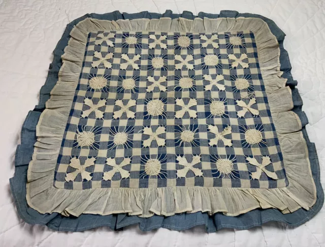 Antique Vintage Patchwork Quilt Table Topper, Square, Blue Check, Embroidery