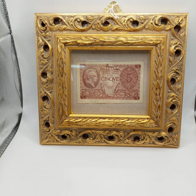 Cinque lire biglietto di stato, autentiche, quadro artigianale.