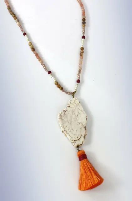 PANACEA Quartz & Jasper Beaded Howlite Stone Tassel Pendant 32" Long Necklace