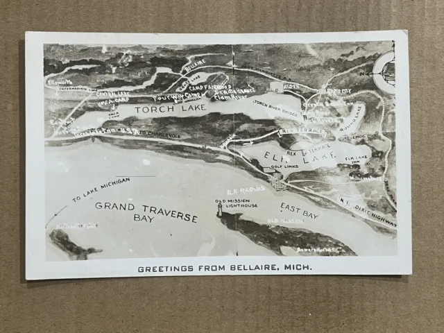 Postcard RPPC Bellaire MI Michigan Lakes Aerial View Map Vintage Real Photo