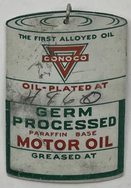 Vintage Conoco Germ Processed Oil Plated Grease Celluloid Reminder Tag Stick Pin