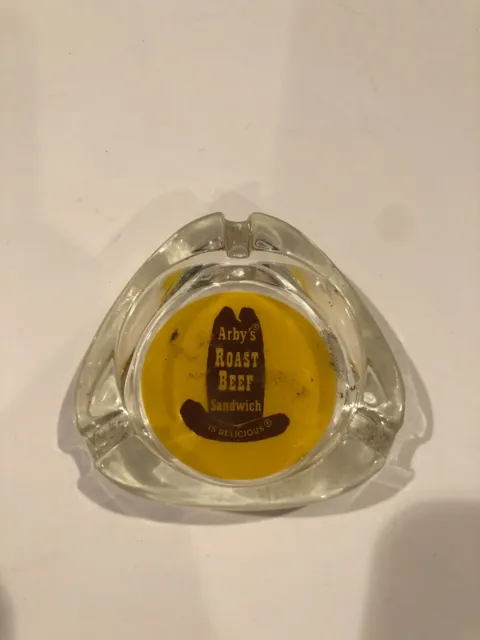 VINTAGE Yellow Background Cowboy Hat ARBY's Roast Beef Glass Ashtray #F32