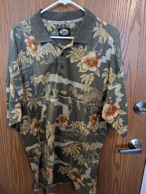 Tommy Bahama 3 button Short Sleeve Floral Polo Shirt Men’s L Green Yellow