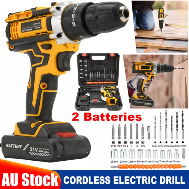 21V Cordless Drill 2 Battery Heavy Duty Impact Driver Brushless Hammer Kits Tool