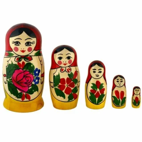 Russische Matroschka Babuschka Holzpuppe Russin rotes Tuch 5 Puppen 11 cm hoch