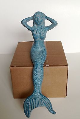 Cast Iron Blue Mermaid Figurine Decor 11" Nautical Bath Garden Pool Tropical
