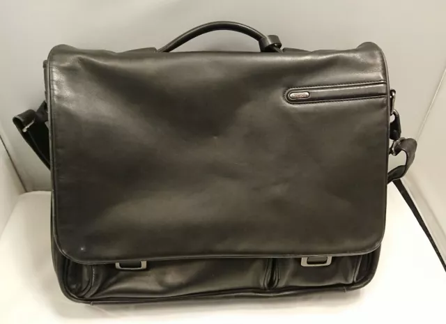 TUMI Mens Leather Laptop Briefcase Work Travel Brief BLACK Used Alpha Crossbody