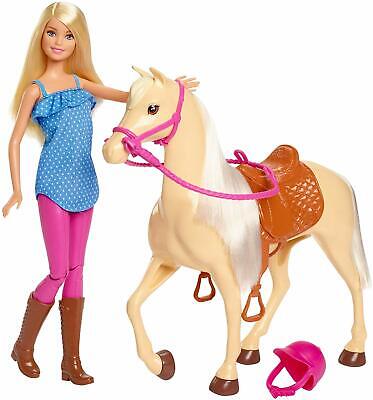 DHB68 jouet pour enfant Barbie Famille poupée aux genoux articulés et son Cheval blanc avec crinière et queue grise 