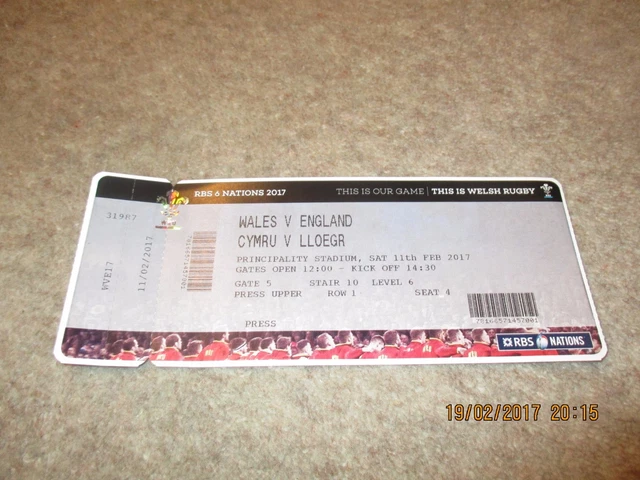 Wales v England Match Ticket Stub Saturday 11th February 2017 - RBS 6 Nations