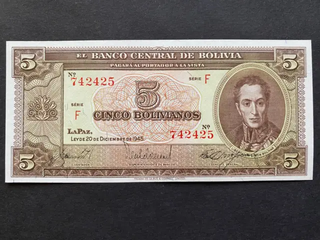 BOLIVIA, 1945, Billete Banco Central de Bolivia, CINCO BOLIVIANOS, Serie F, Unc