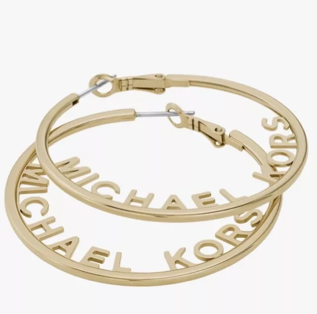 NEW MICHAEL KORS Large Gold Tone Hoop Earrings MK Logo 2” Michael Kors Earrings