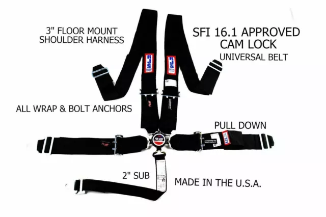 Rjs Racing Sfi 16.1 Cam Lock 5 Pt Seat Belt Harness Floor Mount Black 1034401