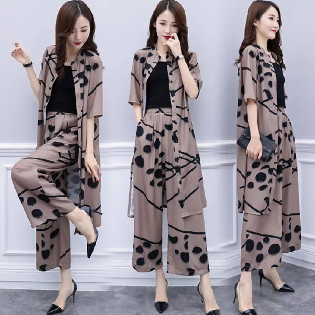 2pcs Chiffon Women Casual Set Wear Loose Suit Wide Leg Pants + Long Blouse Set}