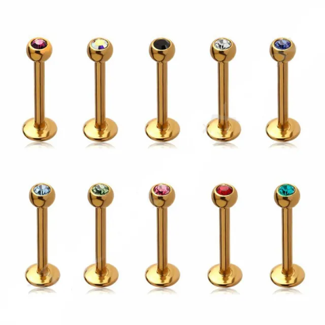 2X 1,2mm Gold Labret Monroe Tragus Ohr Lippen Piercing Stecker 11 Farbe Kristall