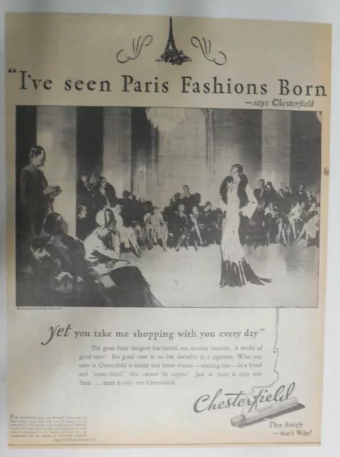 Chesterfield Cigarette Ad: Paris Fashions Born ! from 1931 Size:~12 x 16 inches