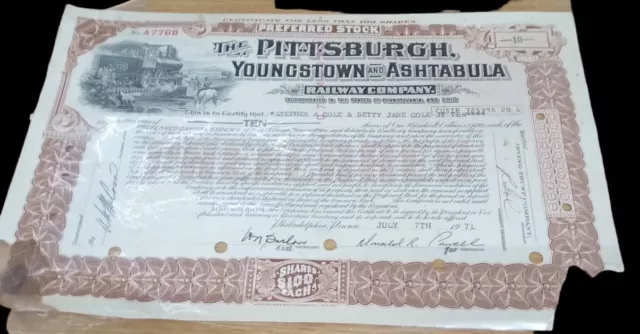 Pittsburgh, Youngstown & Ashtabula Railway Company Stock Certificate Vintage