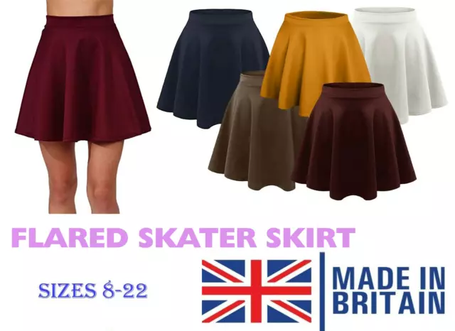 Women's Skater Skirt Plus Size Flared Plain Elastic Waist Ladies Short Size 8-22