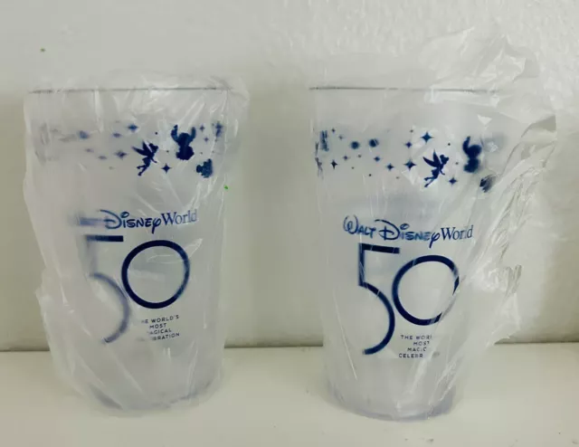 Set Of 2 Walt Disney World 50th Anniversary Clear Plastic Cup Blue Lettering