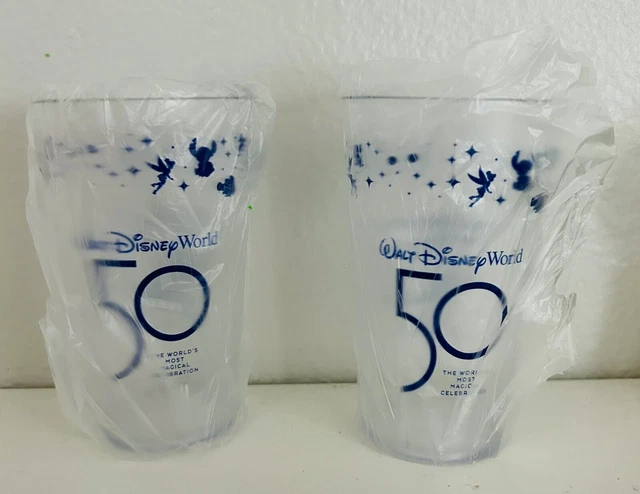 Set Of 2 Walt Disney World 50th Anniversary Clear Plastic Cup Blue Lettering