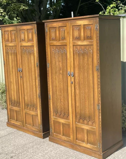 Fine Pair Of Old Charm Oak Arts & Crafts  Style 2 Door Wardrobes 2 Man Delivery