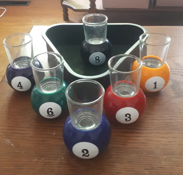 Billiard Pool Ball Shot Glasses w Rack Storage Tray Set of 6  Game Room Barware