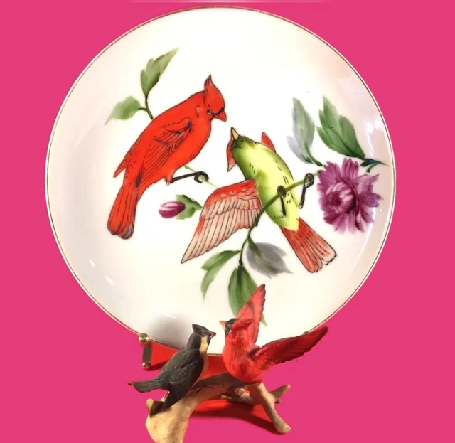 Lefton Cardinal Figurine & Plate Male And Female Painted Porcelain Vintage