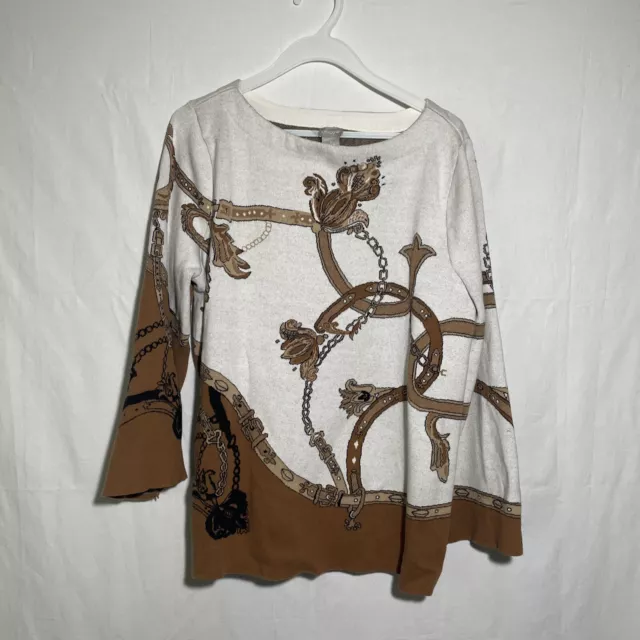 Chico's Women’s Belt & Chain Tan & Cream Pattern Pullover Top Long Sleeve Sz 3