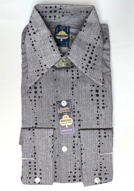 Camicia da uomo vintage anni '70 grigia Ashtree taglia 15 grande colletto nero cotone INUTILIZZATA TH