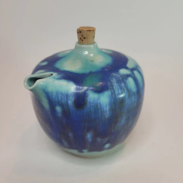 Rose Lee Studio Pottery Striated Aqua & Blue Signed 1983 MCM 4" Oil Dispenser