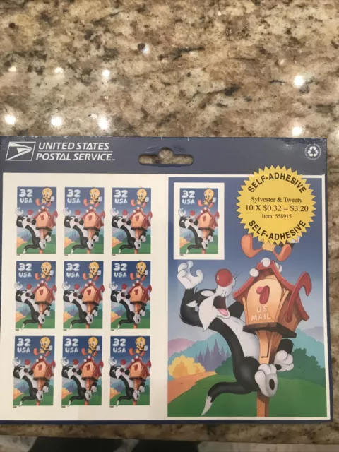 Sylvester and Tweety Full Pane of Ten 32 Cent Stamps By USPS Scott 3204