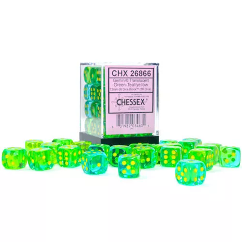 CHX26866 Gemini: 12mm d6 Translucent Green-Teal/yellow Dice Block (36 dice)