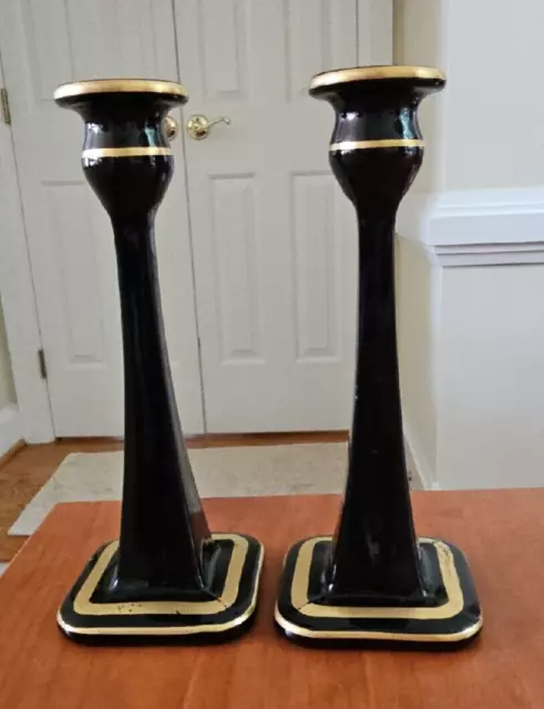 Pair 2 Antique Handsome Heavy Black Gold Trim Art Deco Candle Sticks Holders