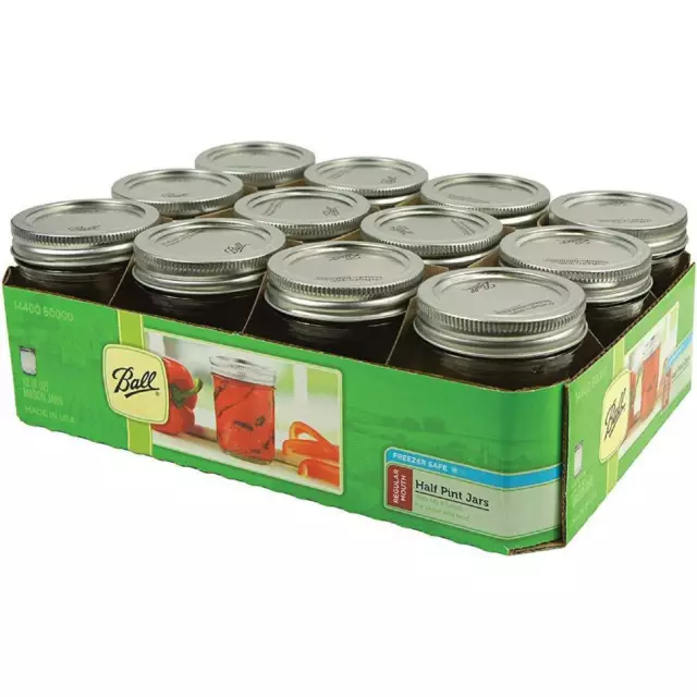 Ball Mason Regular Mouth Half Pint 8 Oz Jars With Lids and Bands Glass, 12 Jars