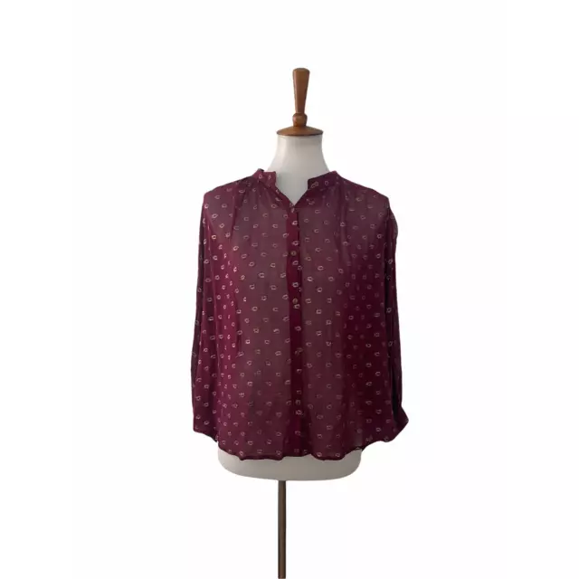 Moulinette Soeurs Womens Sheer Blouse Polka Dot Long Sleeve Maroon Gold M Medium