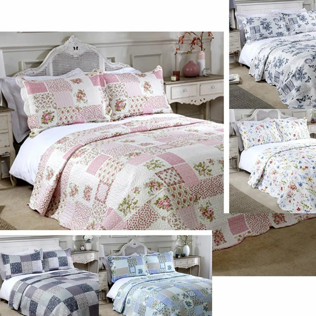 Floral Patchwork Matelassé Jeté de Lit + 2 Couvre-Oreillers - 2 Tailles