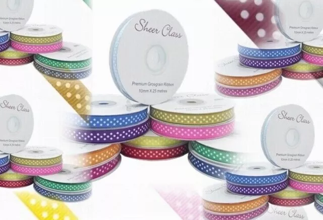 Polka Dot Ribbon 10mm X 25m  GROSGRAIN RIBBON, Dotty, Spotty, Full Rolls