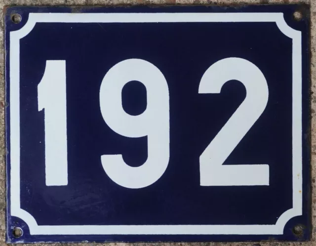 Large old blue French house number 192 door gate plate plaque enamel sign NOS