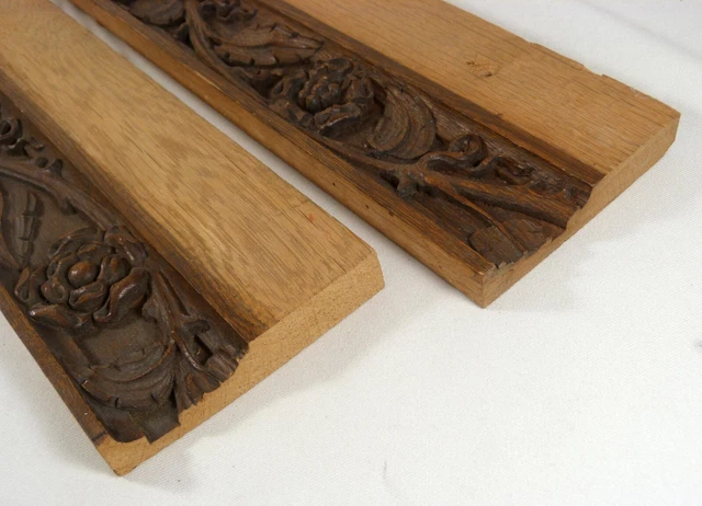 2 Antique Hand-Carved Oak Architectural Salvage Trim Pieces Floral/Leaf 24 x 5" 7