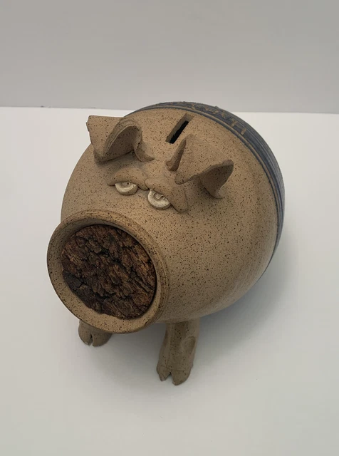 Hatfield Piggy Bank stoneware Vintage art Potters Mark 1988 Folk Art cork nose