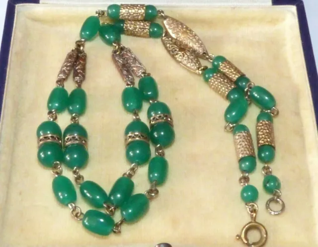 Vintage Art Deco Czech jade green glass & brass filigree Necklace 1930s